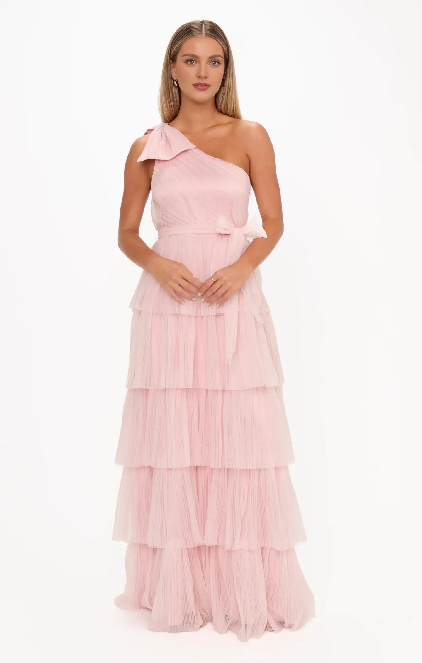 Elegant A-Line One-Shoulder Tiered Ruffle Blush Pink Floor-Length Prom Gown