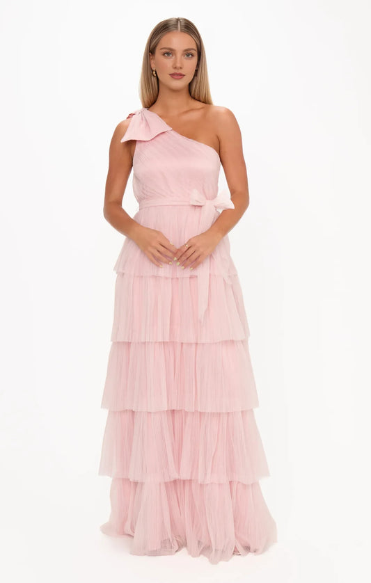 Elegant A-Line One-Shoulder Tiered Ruffle Blush Pink Floor-Length Prom Gown