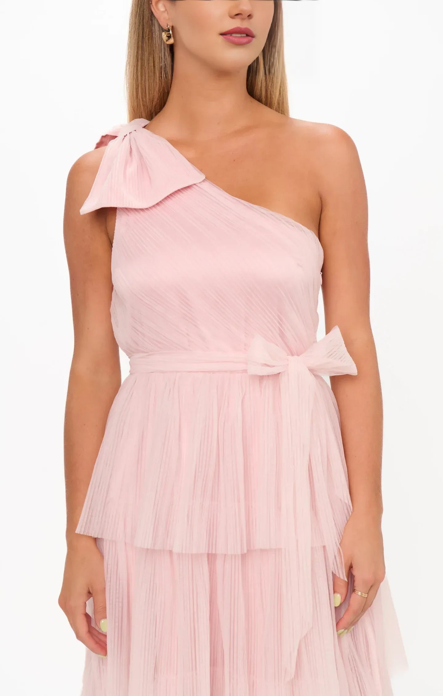 Elegant A-Line One-Shoulder Tiered Ruffle Blush Pink Floor-Length Prom Gown