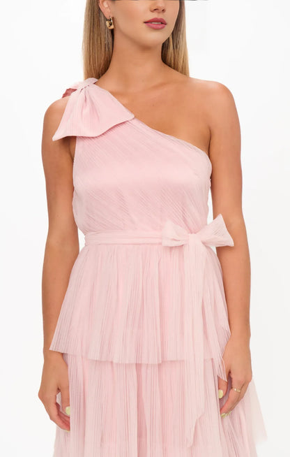 Elegant A-Line One-Shoulder Tiered Ruffle Blush Pink Floor-Length Prom Gown