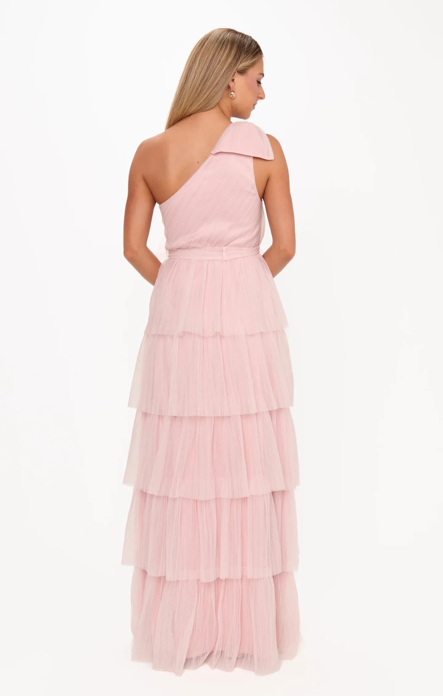 Elegant A-Line One-Shoulder Tiered Ruffle Blush Pink Floor-Length Prom Gown