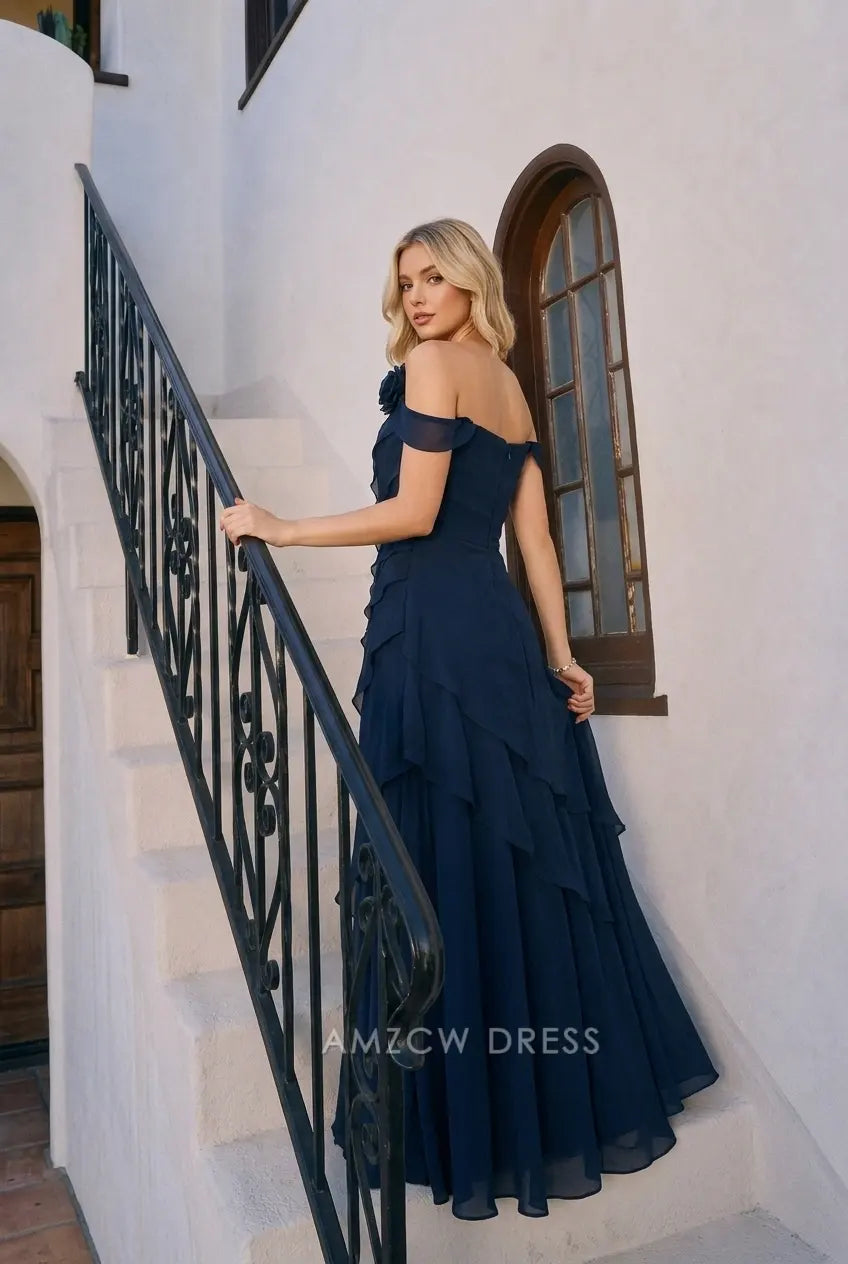 Elegant A-Line One-Shoulder Tiered Ruffle Navy Blue Floor-Length Prom Dresses Gown