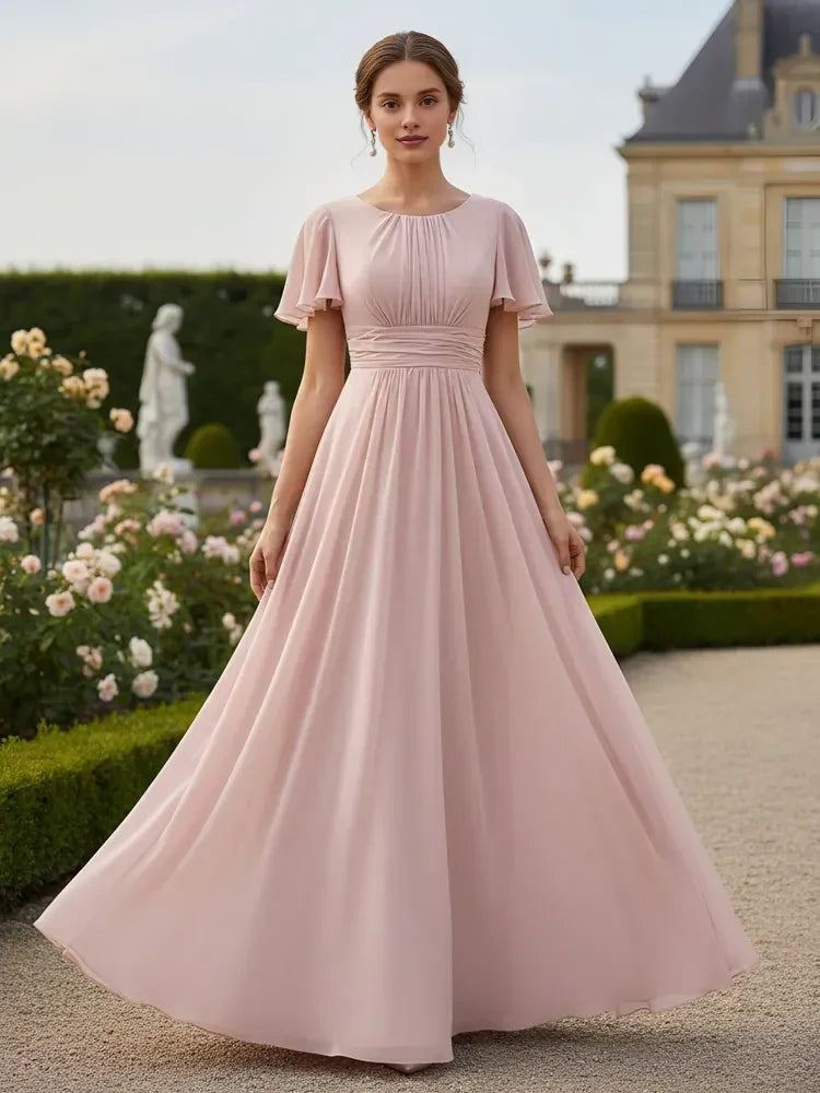 Elegant A-Line Round Neck Flutter Sleeve Pleated Blush Pink Floor-Length Prom Gown