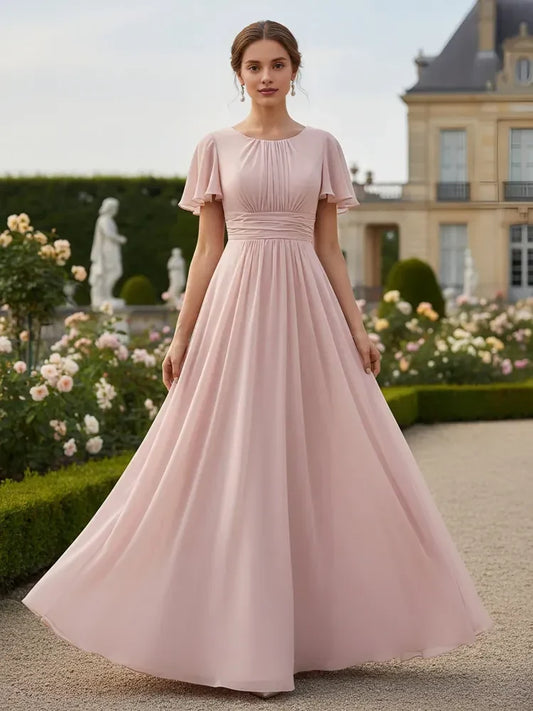 Elegant A-Line Round Neck Flutter Sleeve Pleated Blush Pink Floor-Length Prom Gown