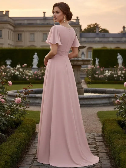 Elegant A-Line Round Neck Flutter Sleeve Pleated Blush Pink Floor-Length Prom Gown