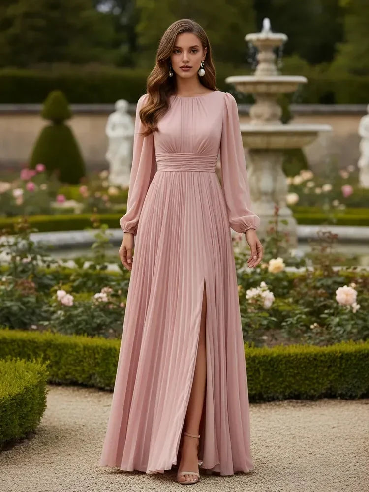 Elegant A-Line Round Neck Long Sleeve Pleated Slit Pink Floor-Length Prom Gown