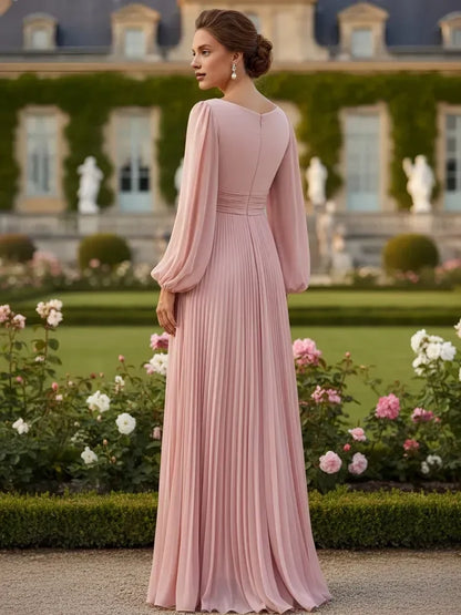 Elegant A-Line Round Neck Long Sleeve Pleated Slit Pink Floor-Length Prom Gown