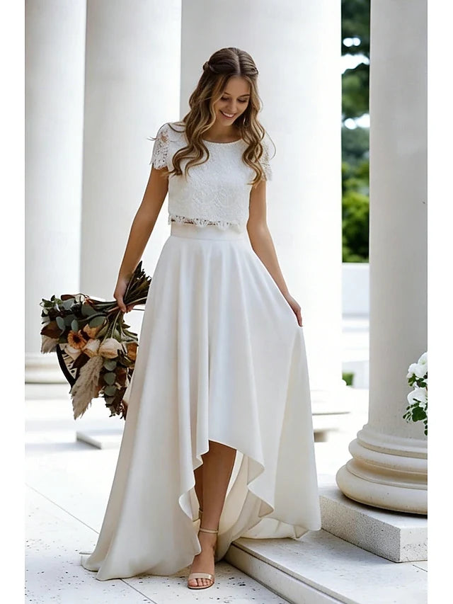 Elegant A-Line Round Neck Short Sleeve Lace Bodice High-Low Ivory Prom Dress