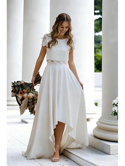 Elegant A-Line Round Neck Short Sleeve Lace Bodice High-Low Ivory Prom Dress
