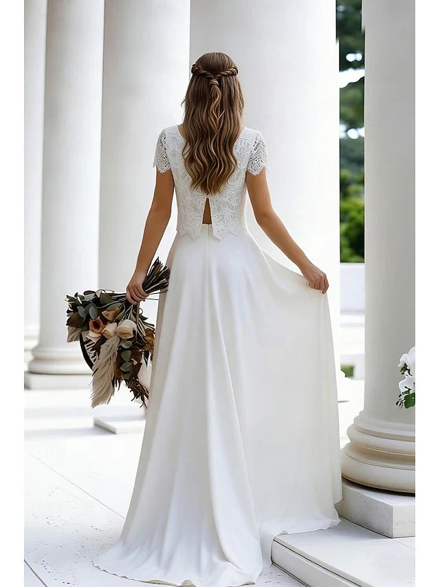 Elegant A-Line Round Neck Short Sleeve Lace Bodice High-Low Ivory Prom Dress