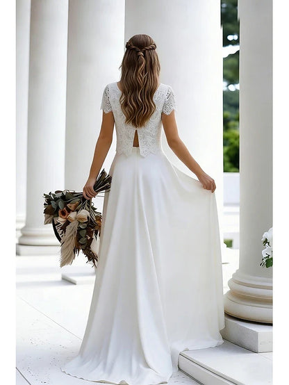 Elegant A-Line Round Neck Short Sleeve Lace Bodice High-Low Ivory Prom Dress