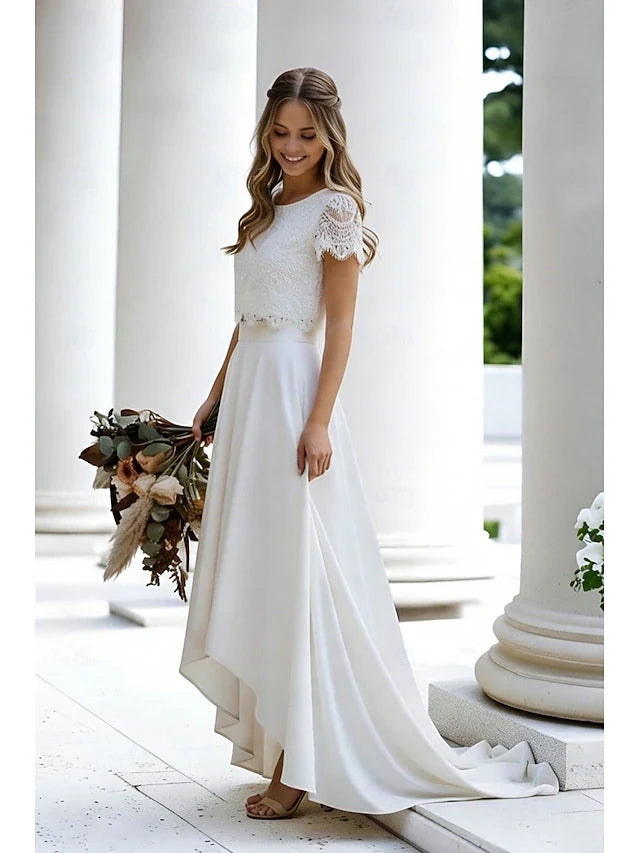 Elegant A-Line Round Neck Short Sleeve Lace Bodice High-Low Ivory Prom Dress