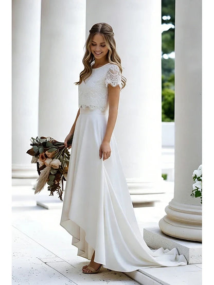 Elegant A-Line Round Neck Short Sleeve Lace Bodice High-Low Ivory Prom Dress