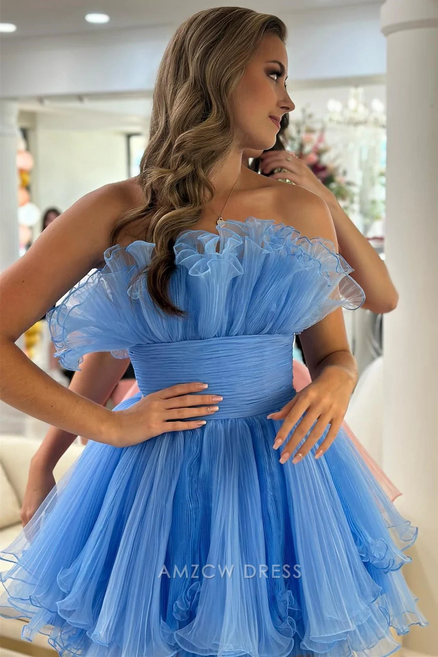 Elegant A-Line Ruffled Strapless Tiered Tulle Sky Blue Short Homecoming Dresses