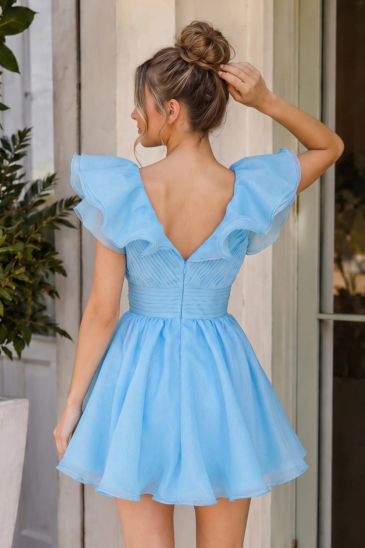 Elegant A-Line Ruffled V-Neck Ruffled Chic Sky Blue Short Mini Homecoming Dress