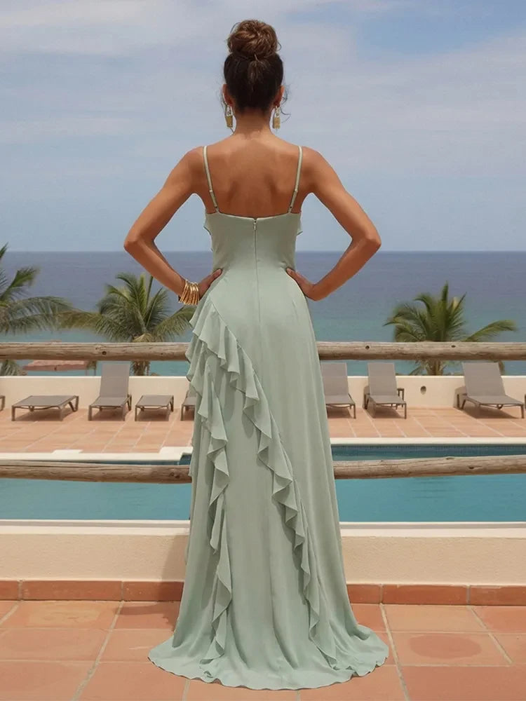 Elegant A-Line Spaghetti Strap Ruffled Mint Green Floor-Length Prom Dress Women's