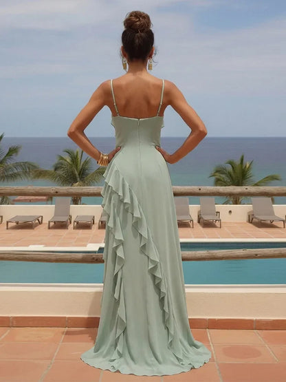 Elegant A-Line Spaghetti Strap Ruffled Mint Green Floor-Length Prom Dress Women's