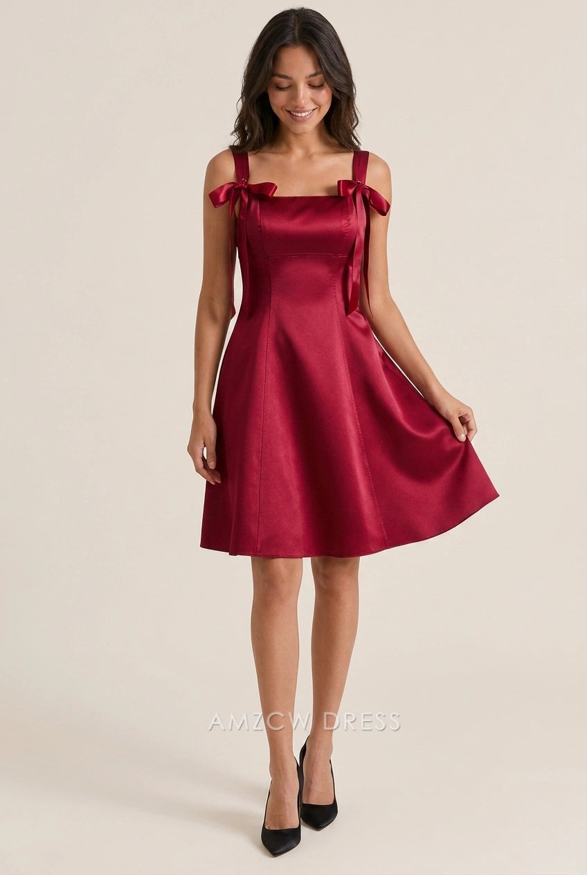 Elegant A-Line Square Neck Bow-Tie Strappy Burgundy Mini Homecoming Dresses