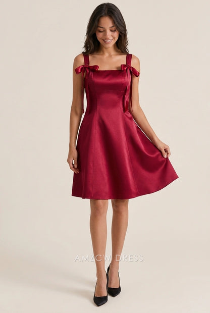 Elegant A-Line Square Neck Bow-Tie Strappy Burgundy Mini Homecoming Dresses