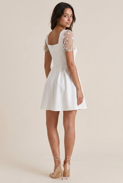 Elegant A-Line Square Neck Corset Bodice Puff Sleeve White Mini Homecoming Dress