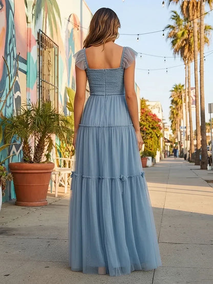 Elegant A-Line Square Neck Flutter Sleeve Smocked Dusty Blue Floor-Length Prom Dress