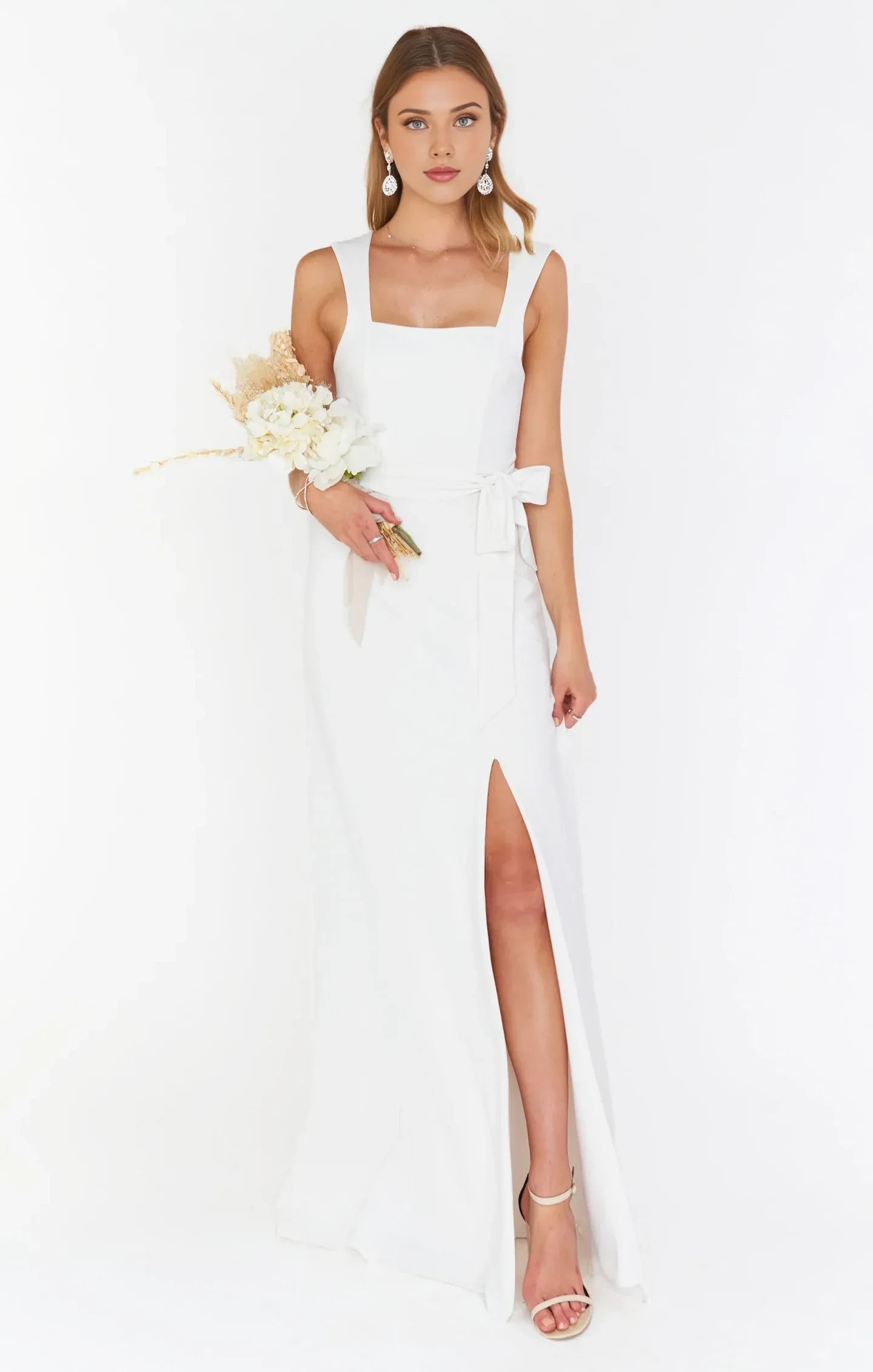 Elegant A-Line Square Neck High Slit Self-Tie White Floor-Length Prom Dress