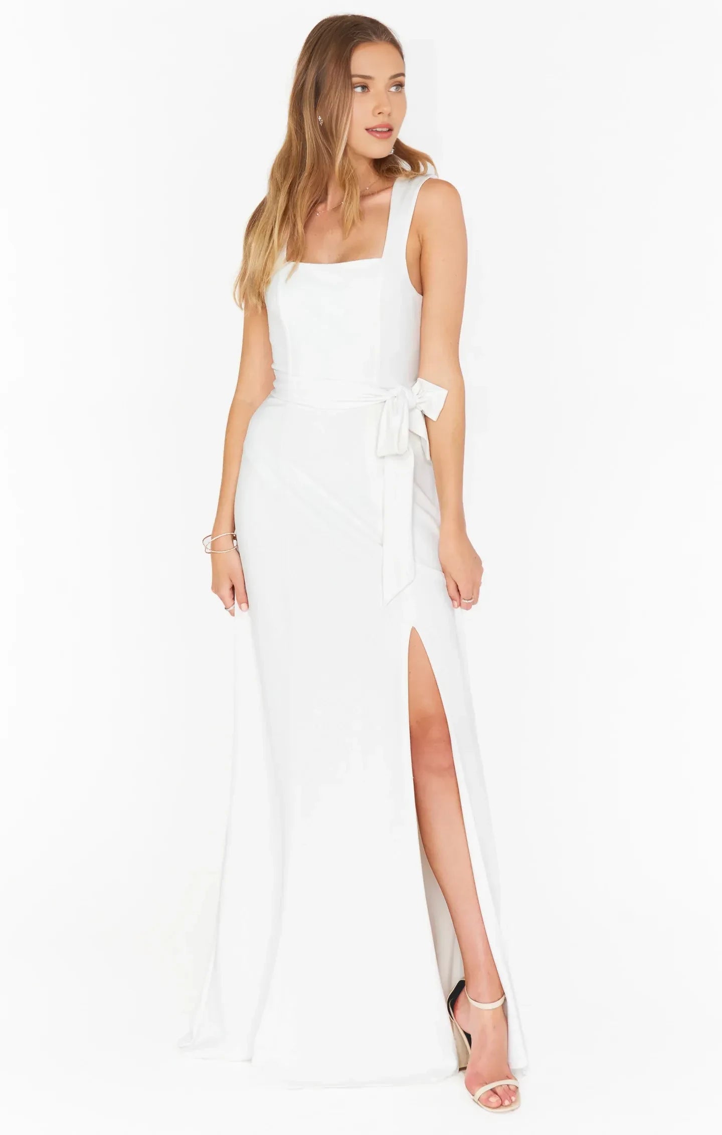 Elegant A-Line Square Neck High Slit Self-Tie White Floor-Length Prom Dress