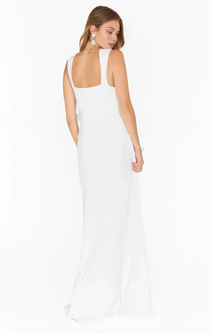 Elegant A-Line Square Neck High Slit Self-Tie White Floor-Length Prom Dress