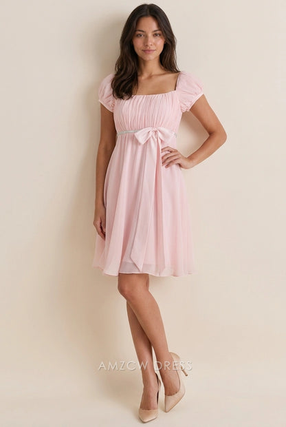 Elegant A-Line Square Neck Puff Sleeve Ruched Bow Pink Short Homecoming Dress
