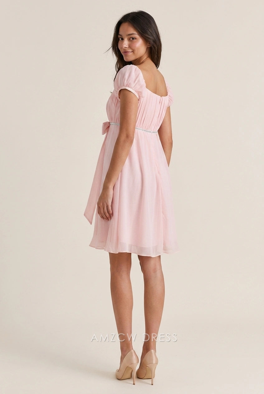 Elegant A-Line Square Neck Puff Sleeve Ruched Bow Pink Short Homecoming Dress