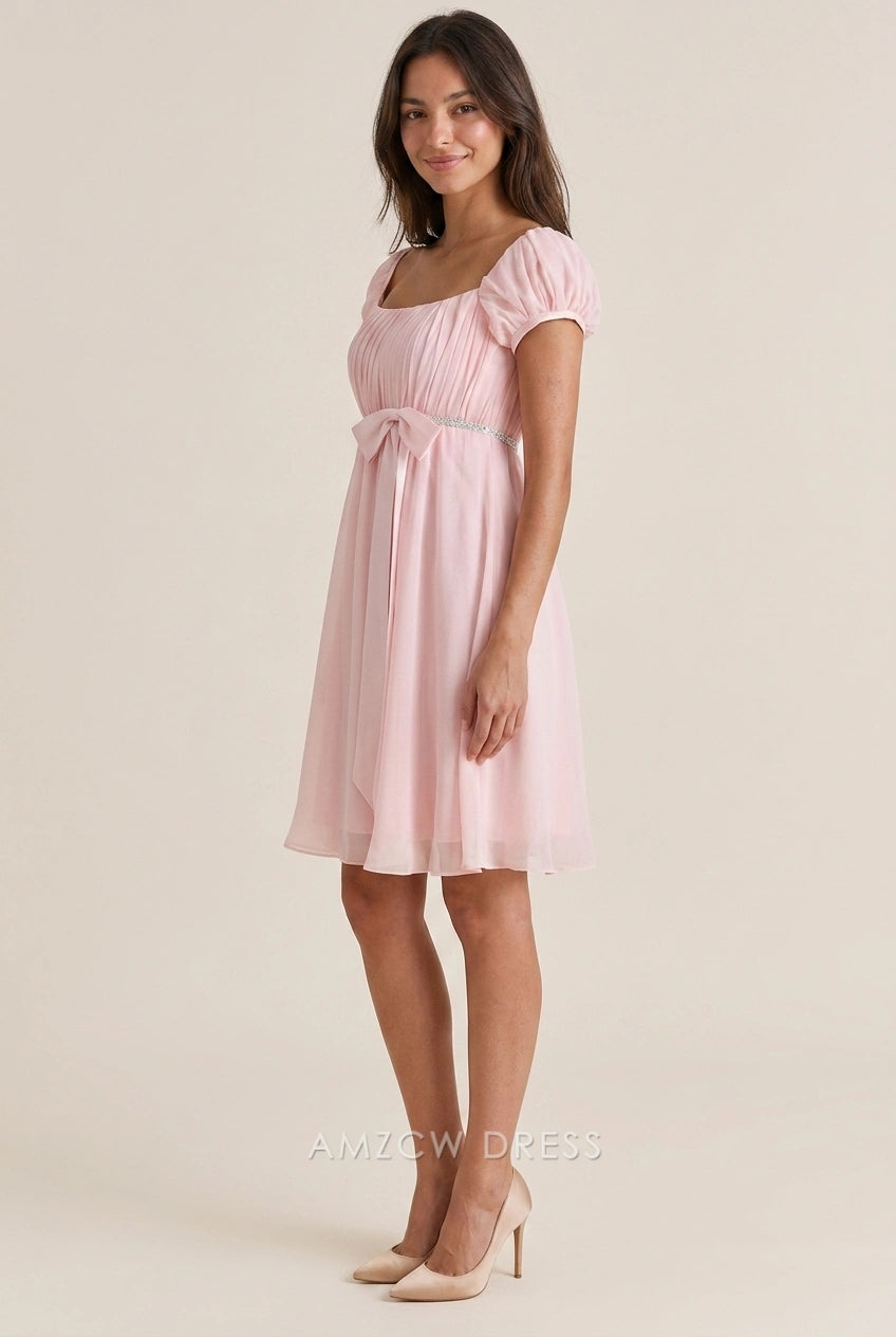 Elegant A-Line Square Neck Puff Sleeve Ruched Bow Pink Short Homecoming Dress