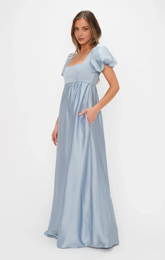 Elegant A-Line Square Neck Puff Sleeve Sky Blue Maxi Prom Dresses for Women