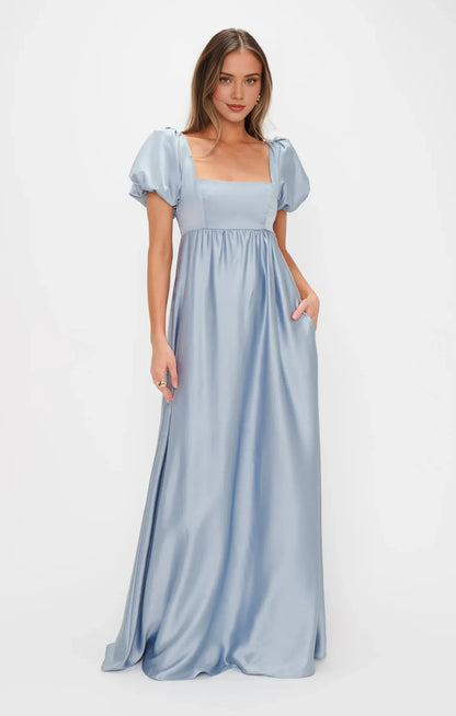Elegant A-Line Square Neck Puff Sleeve Sky Blue Maxi Prom Dresses for Women