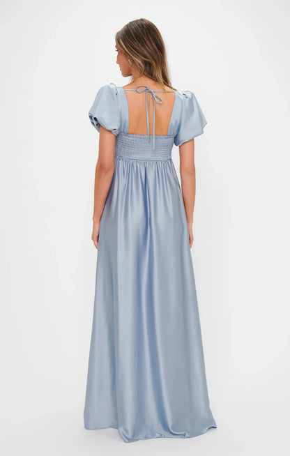 Elegant A-Line Square Neck Puff Sleeve Sky Blue Maxi Prom Dresses for Women