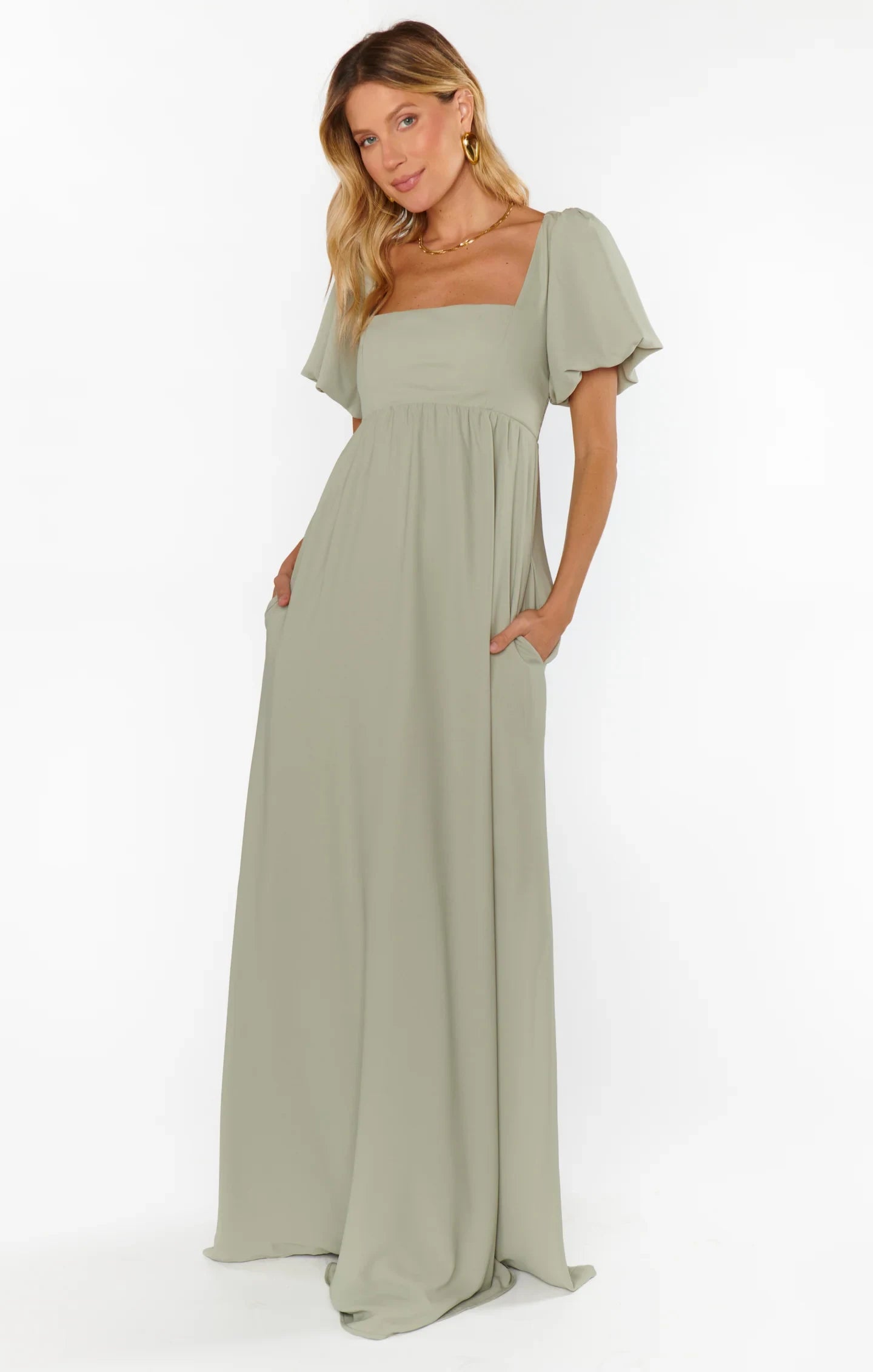 Elegant A-Line Square Neck Puff Sleeve Smocked Back Sage Green Maxi Prom Dress