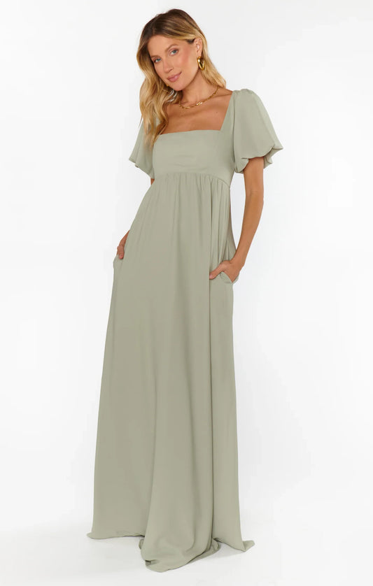 Elegant A-Line Square Neck Puff Sleeve Smocked Back Sage Green Maxi Prom Dress