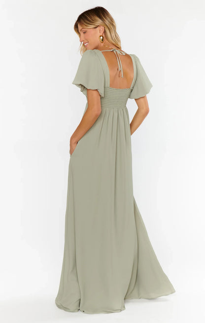 Elegant A-Line Square Neck Puff Sleeve Smocked Back Sage Green Maxi Prom Dress