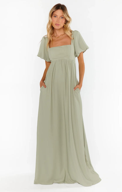 Elegant A-Line Square Neck Puff Sleeve Smocked Back Sage Green Maxi Prom Dress