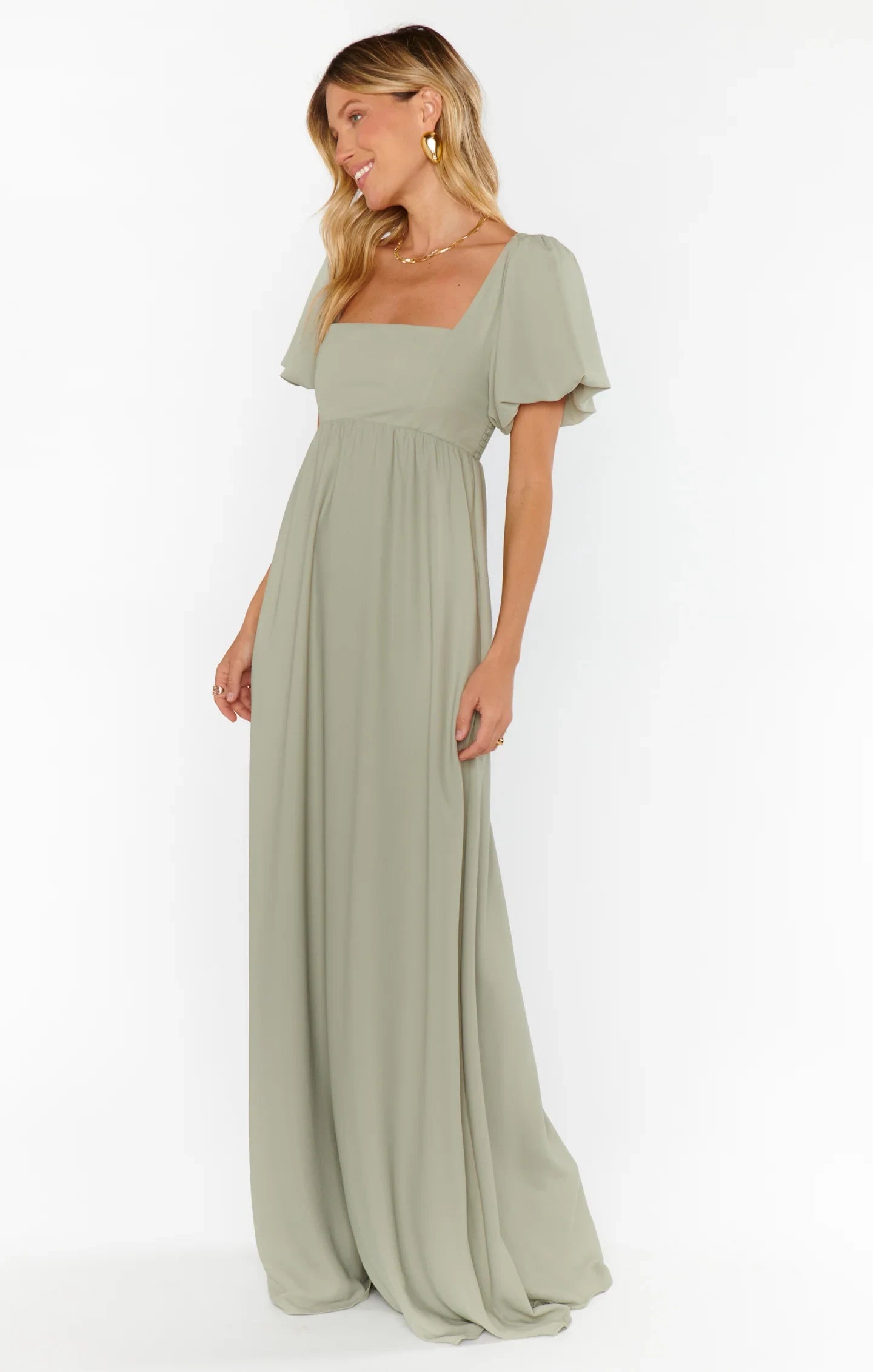 Elegant A-Line Square Neck Puff Sleeve Smocked Back Sage Green Maxi Prom Dress