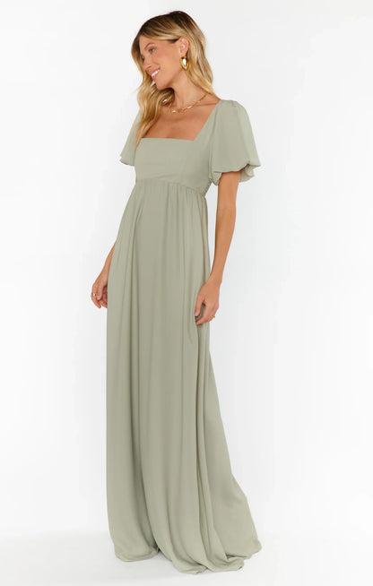 Elegant A-Line Square Neck Puff Sleeve Smocked Back Sage Green Maxi Prom Dress