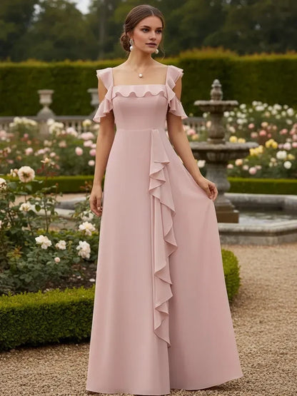 Elegant A-Line Square Neck Ruffled Flowy Blush Pink Floor-Length Prom Dresses Gown