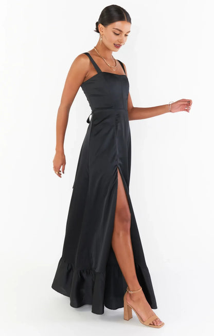 Elegant A-Line Square Neck Sleeveless High Slit Corset Back Black Prom Gown