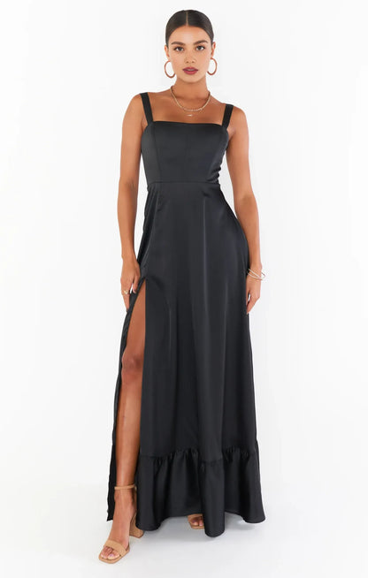 Elegant A-Line Square Neck Sleeveless High Slit Corset Back Black Prom Gown