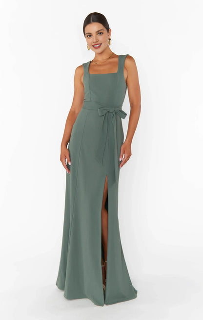 Elegant A-Line Square Neck Sleeveless High Slit Sage Green Floor-Length Prom Gown