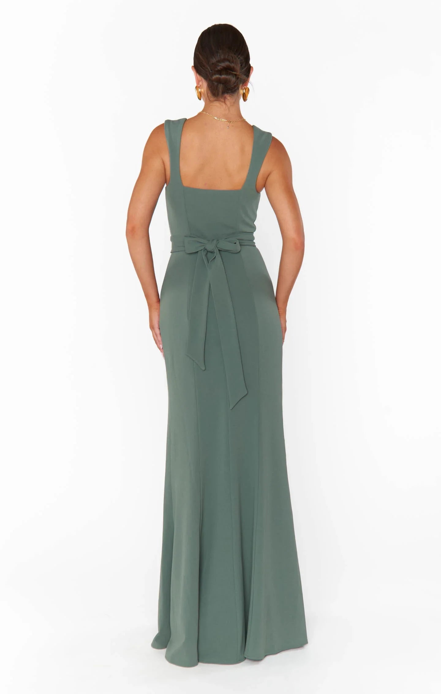 Elegant A-Line Square Neck Sleeveless High Slit Sage Green Floor-Length Prom Gown