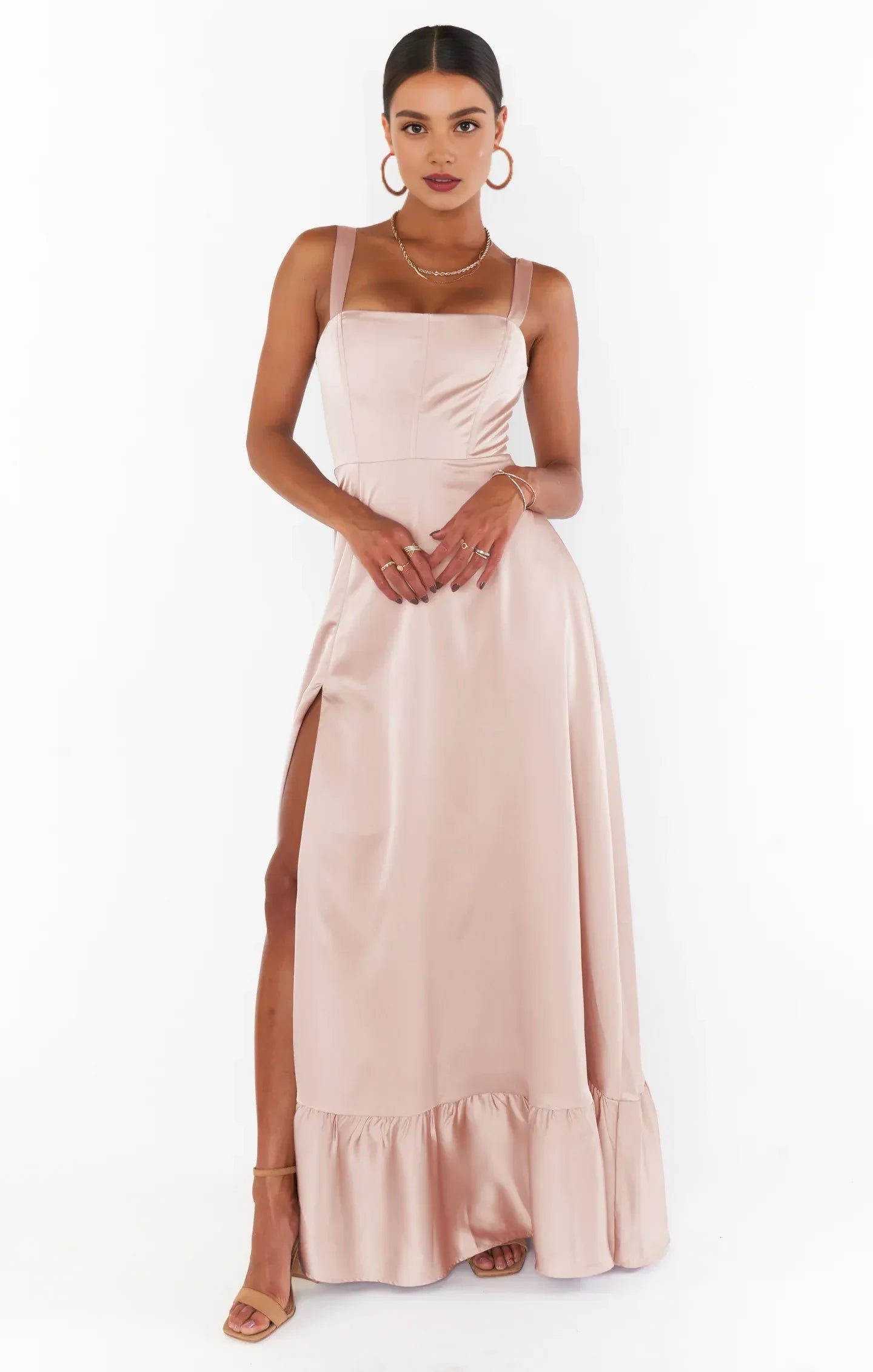 Elegant A-Line Square Neck Sleeveless Lace-Up Back Blush Pink Maxi Prom Dress