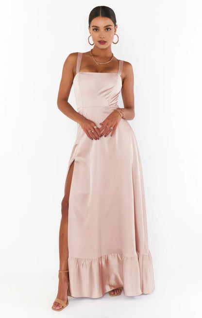 Elegant A-Line Square Neck Sleeveless Lace-Up Back Blush Pink Maxi Prom Dress