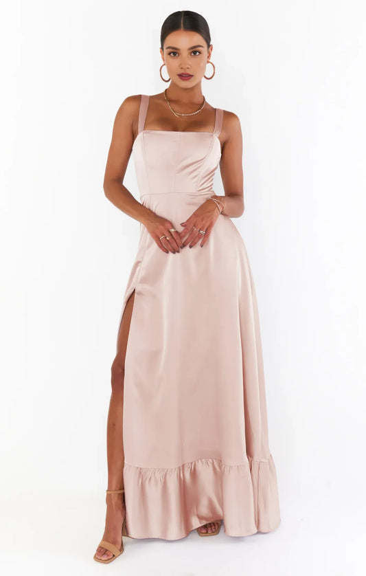 Elegant A-Line Square Neck Sleeveless Lace-Up Back Blush Pink Maxi Prom Dress