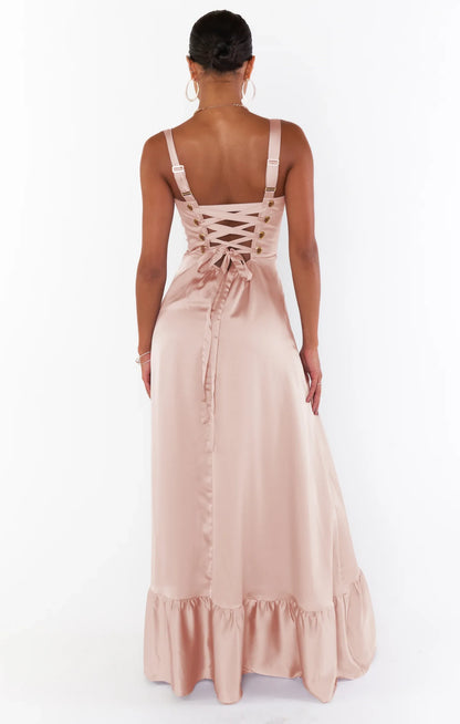Elegant A-Line Square Neck Sleeveless Lace-Up Back Blush Pink Maxi Prom Dress