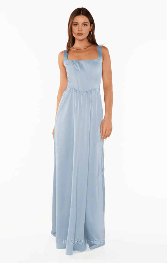 Elegant A-Line Square Neck Sleeveless Light Blue Floor-Length Prom Dresses Women's